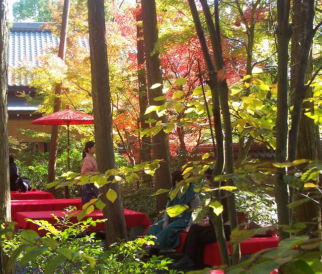 Japan (Kyoto) Garden cafe with red umbrellas and red seats