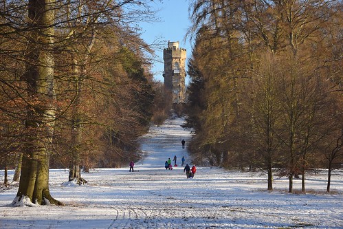 winter fun snow cold people tower path sleigh sledge tree trees park wilhelsthal calden hesse hessen nordhessen germany deutschland nature view schloss palace building architecture