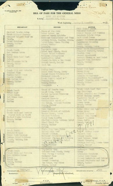 General Mess Bill of Fare, NAS, Kaneohe Bay, 7 December 1941