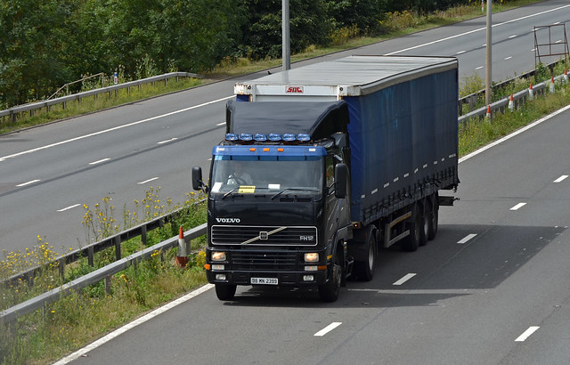 Volvo FH12 in the fast lane on the M20 - HGV's are not legally allowed to use the outside lane in the UK except when the motorway is used as part of Operation Stack, so view a rare site in the UK