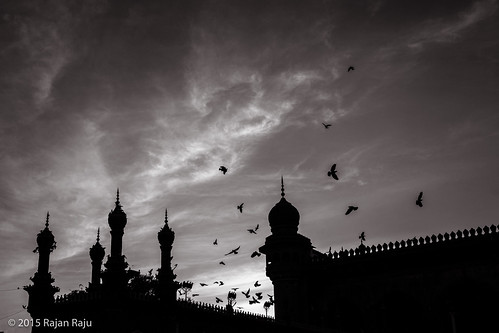 sunset sky india monument birds dusk silhouettes mosque hyderabad makkahmasjid