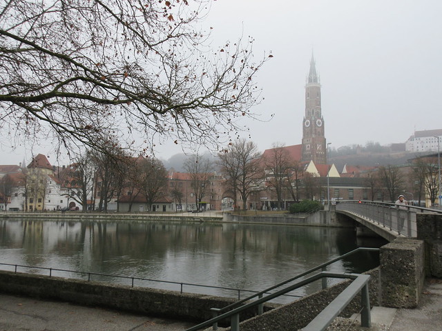 Isar River and view to Martinskirche, Landshut, Germany