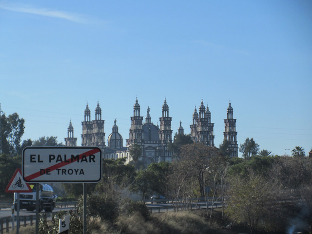Catedral de la Iglesia Palmariana and sign departing El Palmar de Troya, Spain