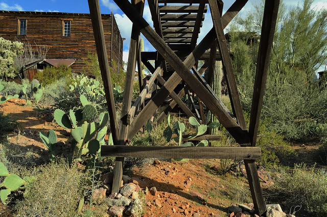 Narrow-gauge copper mining railway trestle - Goldfield Ghost Town, Apache Junction, Arizona.