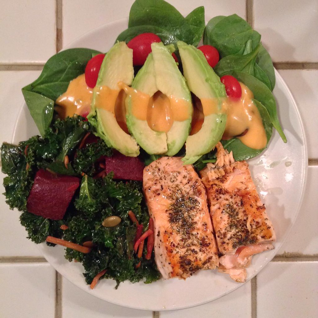 Pre-race dinner for one. #salmon #kale #beet #spinach #avocado #nopasta #nofilter  That’s a small salad plate, long having learned that an early light dinner works best the night before a race. Made it all, except for the kale beet salad which came direct