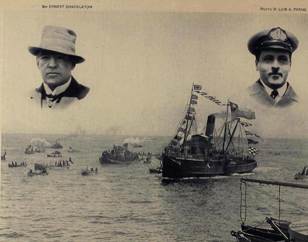 El Piloto Pardo, Shackleton y los náufragos del Endurance en una postal a su llegada a Punta Arenas  de septiembre de 1916).