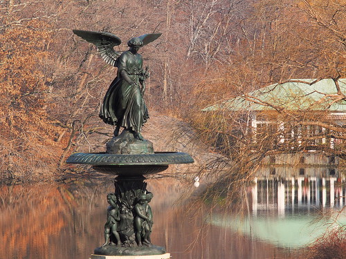 angelofthewaters bethesdafountain newyork centralpark angel fountain statue brown building winter reflections lake trees