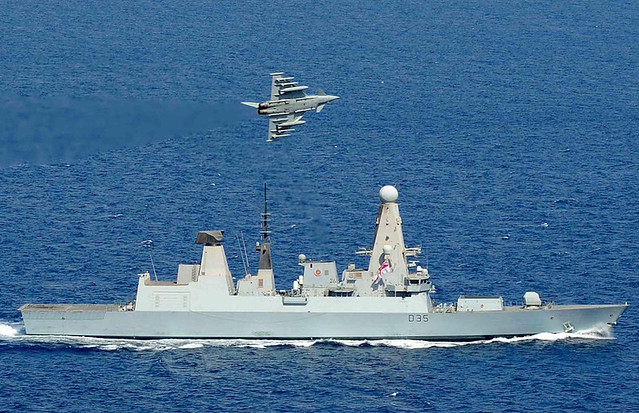 HMS Dragon operates with a RAF Typhoon Jet