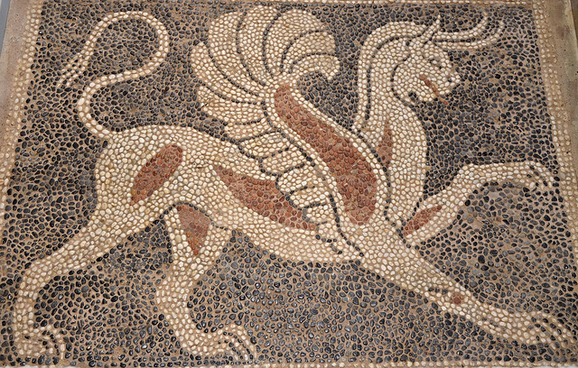 Pebble mosaic floor depicting a griffin, from Ancient Sikyon, second half of 4th century BC, Archaeological Museum of Sikyon, Greece
