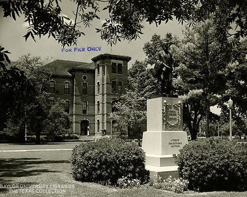 Old Main and Rufus Burleson statue, Baylor University, late 1950s?