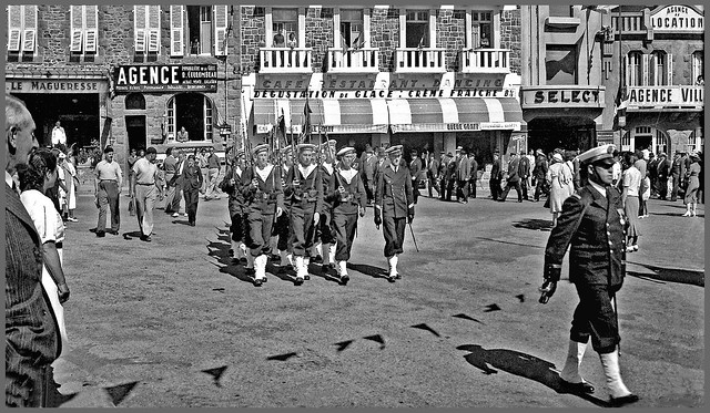 B&W Vintage. July 1939. Perros-Guirec (Brittany-France). Parade of French Marines.