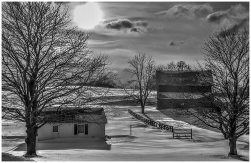 barn farm bw snow cold