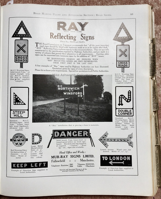 Ray Reflecting road Signs - advert issued by Mur-Ray Signs, Fallowfield, Manchester :  advert in The Municipal & Road Engineers' Standard Catalogue, 1929 - 1932 ; The Standard Catalogue Company ; London ; 1929