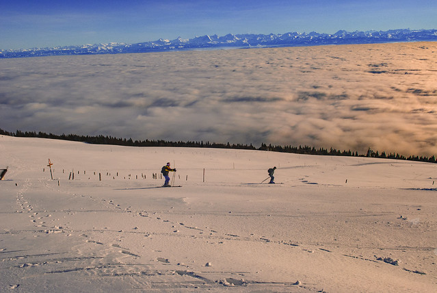 Skiing above the clouds , Jura mountains at winter time .Descente du Chasseral à ski. L'hiver dans les montagnes du Jura. No. 417.