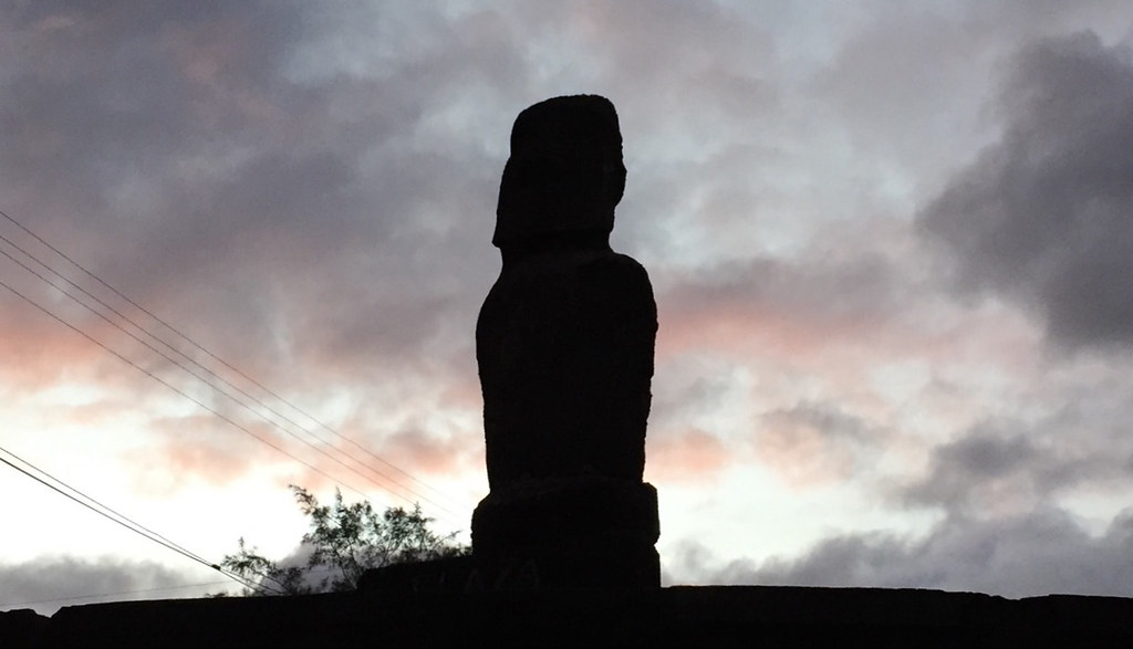 Sunrise at Plaza Hotu Matu'a, Hanga Roa Otai, Hanga Roa, Rapa Nui (Easter Island), Chile, Polynesia, Oceania.