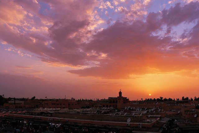 Sunset over Jemaa el-Fna square. Marrakech, Morocco
