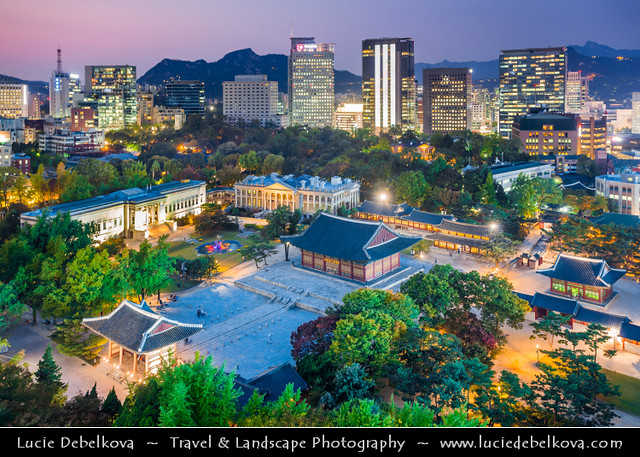 South Korea - Seoul - Cityscape with Deoksugung Palace at Dusk - Twilight - Blue Hour - Night
