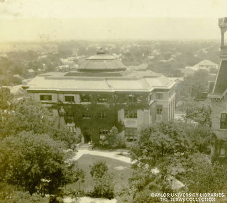 View of Carroll Chapel and Library and Burleson Quadrangle from Old Main tower, Baylor University, February 5, 1922