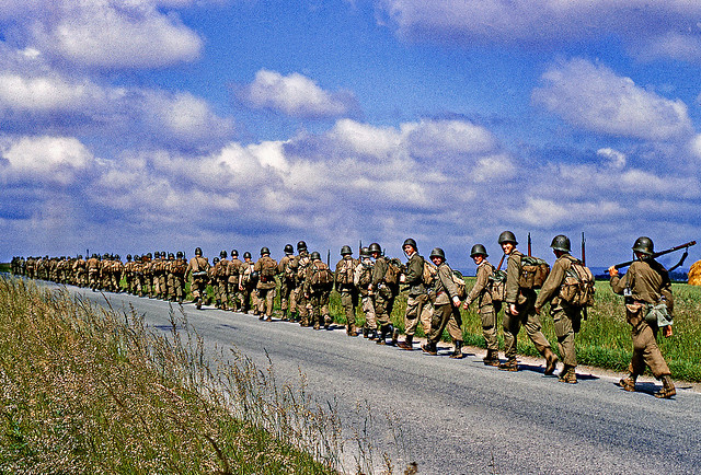 Vintage Kodachrome. April 1961. Reims (France).  Soldiers returning from maneuvers.
