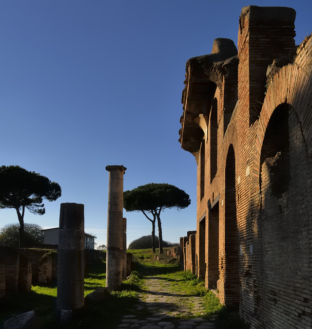 Residential/commercial streetscape. Ostia Antica archaeological park, Roma Capitale, Lazio, Italy..