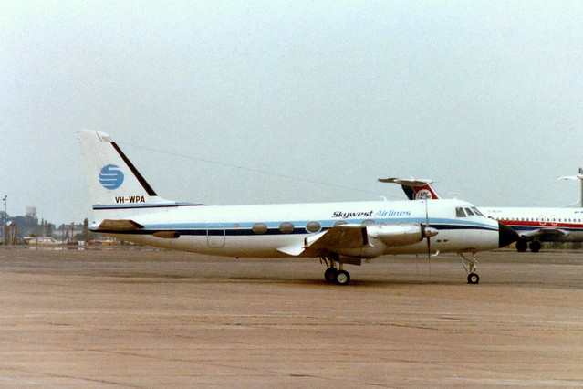VH-WPA is a 1959 Grumman G-159 Gulfstream I c/n 114 Skywest Airlines Luton 28Jun83 - rescanned