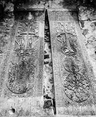 Stone carved Armenian khachkars at Dadivank Monastery. Nagorno-Karabakh, Armenia / Artsakh / Azerbaijan