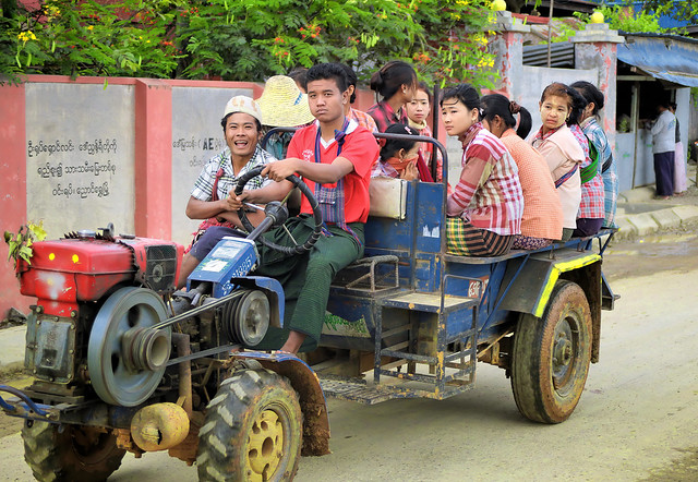Typical Hood-less Tractor with Passengers in Myanmar