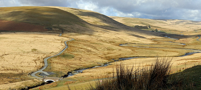 The winding roads and rivers, looking across the moorland of the Elan Valley.