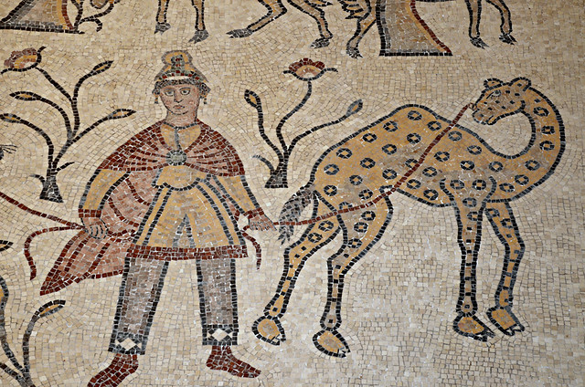 Detail of the 6th century AD mosaic in the Diakonikon Baptistry of the Moses Memorial Church depicting a hunting and herding scene interspersed with various animals, Mount Nebo, Jordan