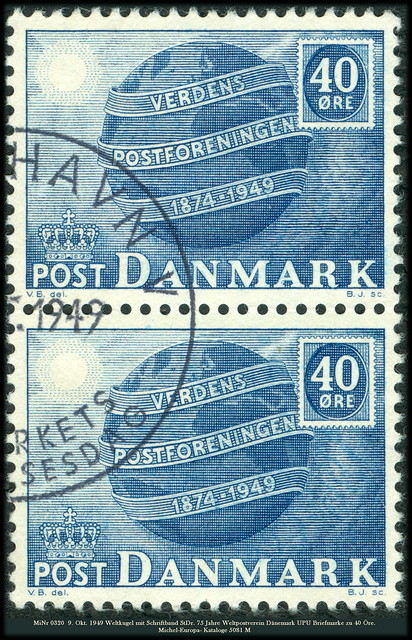 DK 320 9. Okt. 1949 Weltkugel mit Schriftband StDr. 75 Jahre Weltpostverein Dänemark UPU Briefmarke zu 40 Öre. Michel-Europa- Kataloge 5081 M