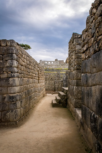 Passage with Temple in Background [In Explore 11/8/16] by helenehoffman, Machu Picchu.  The Temple of Three Windows can be seen on the hill in the background.unescoworldheri
