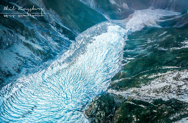 Aerial view of Fox Glacier on the West Coast of New Zealand's South Island.