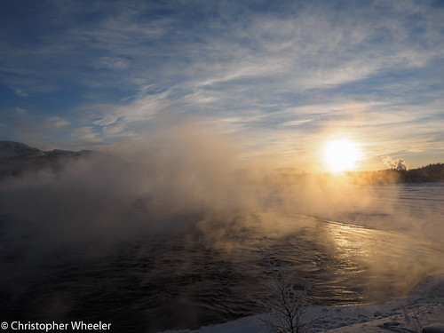 mist olympusomdem1 landscape winter genre nature water intothesun northof60 beauty yukonrivervalley icefog openwater snow yukonriver sun fog photograph intothelight outside steam north mzuiko1240mmf28 northern yukon canada color outdoors southernyukon ice