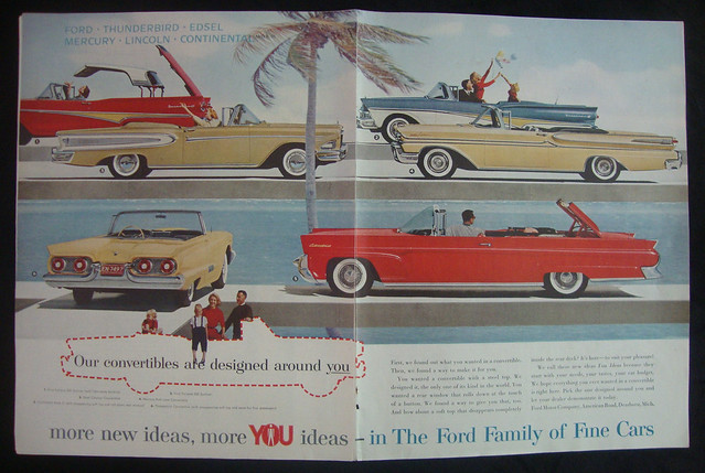 1958 Ford Motor Company Convertibles Fairlane Thuinderbird Edsel Mercury Lincoln Continental 2 Page USA Original Magazine Advertisement