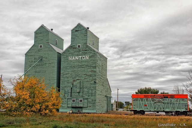 Wheat Pool (twined) Elevators and box car in Nanton, Alberta, Canada