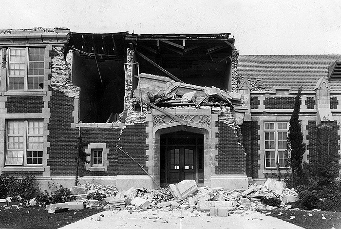 A historic image of quake damage in Long Beach, California, 1933. 