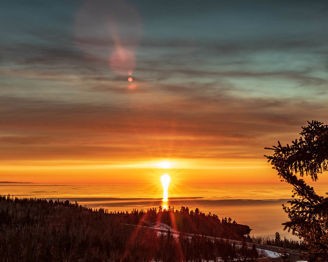 Lake Superior sunrise flare #2, April 15, 2019