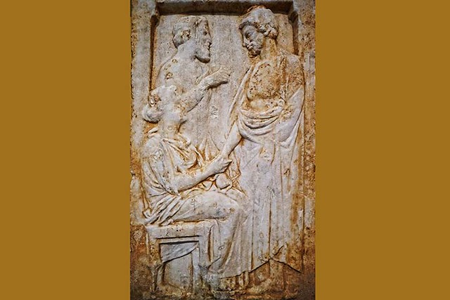 Marriage Greek gravestone depicting older son with parents 375 BCE Getty 720X480