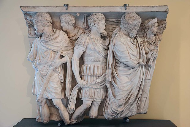 Marriage-Sarcophagus fragment representing the deceased wedding and military career mid 2nd century CE at the Centrale Montemartini in Rome WM Carole Raddato 1200X800