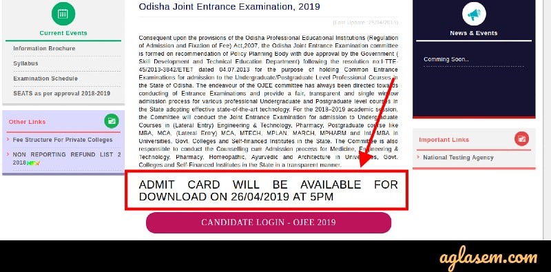 OJEE 2019 Admit Card download date