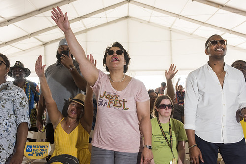 New Orleans Mayor LaToya Cantrell enjoys Kathy Taylor and the Favor's performance in the Gospel Tent during Jazz Fest day 2 on April 26, 2019. Photo by Ryan Hodgson-Rigsbee RHRphoto.com