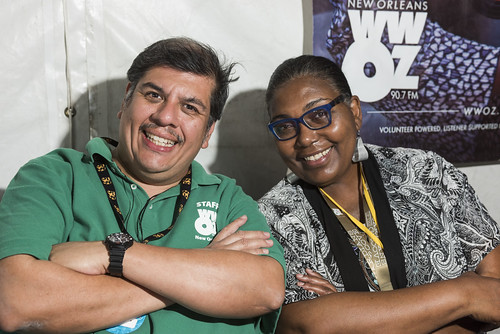 Jorge Fuentes and Maryse Dejean in the WWOZ Hospitality Tent at Jazz Fest Day 2 on April 26, 2019. Photo by Ryan Hodgson-Rigsbee.
