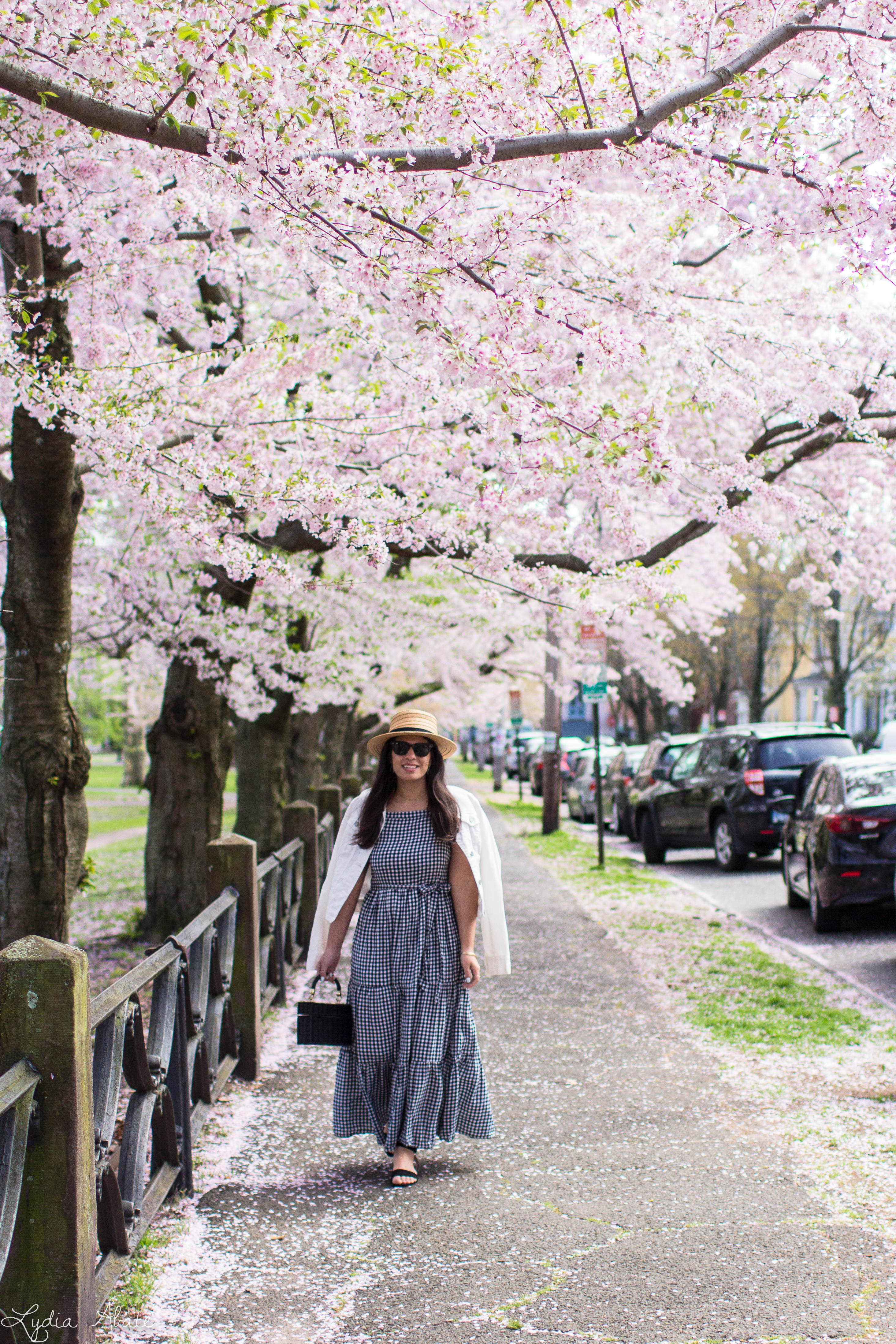 gingham maxi dress, white denim jacket, straw hat, straw bag, cherry blossoms-5.jpg