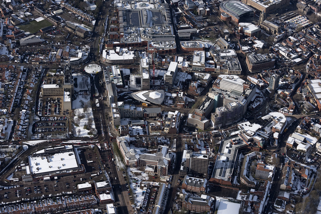 Aerial of Norwich in the snow