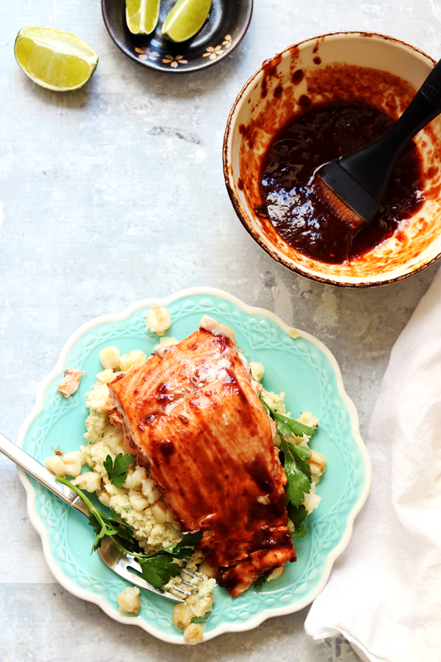 Roasted Sweet Chipotle Salmon with Creamed Hominy