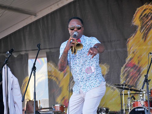 Dr. Brice Miller with Mahogany Brass Band on Day 4 of Jazz Fest - April 28, 2019. Photo by Louis Crispino.