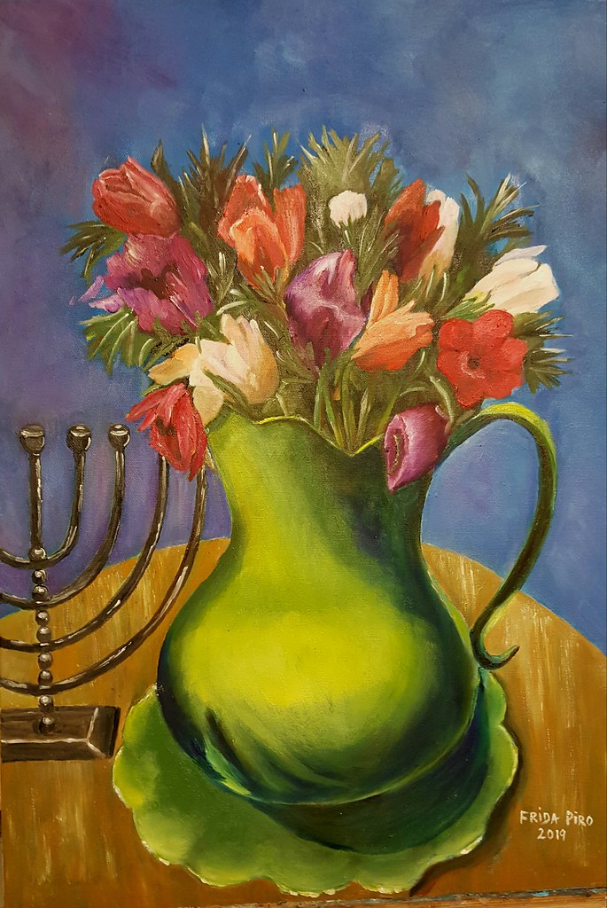 כד ירוק כלניות חנוכיה פרידה פירו ציירת ישראלית אמנית אמניות ציירות ישראליות