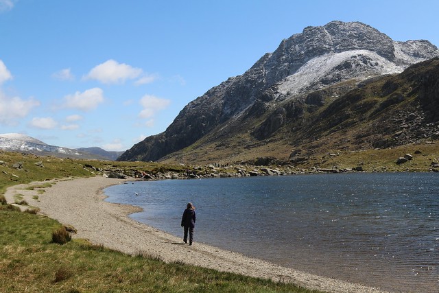 4th May 2019. On the Beach. Tryfan from Llyn Idwal, Ogwen Valley,  North Wales.