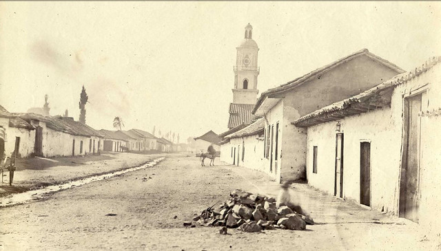 La Cañadilla, arrabales de Santiago, 1863 por Rafael Castro y Ordoñez mirando desde el rio Mapocho al norte