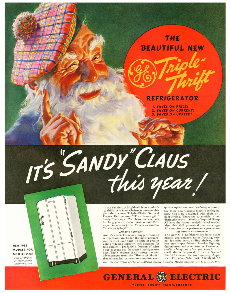 Ad, Appliance - GE, Triple-Thrift Refrigerators, 1937-12 - Sandy Claus
